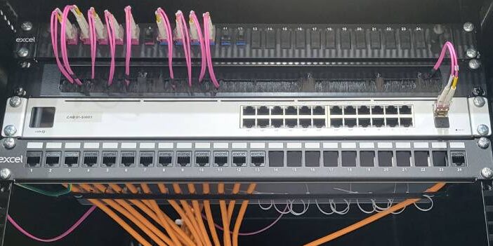 A rack showing high speed fibre installation.