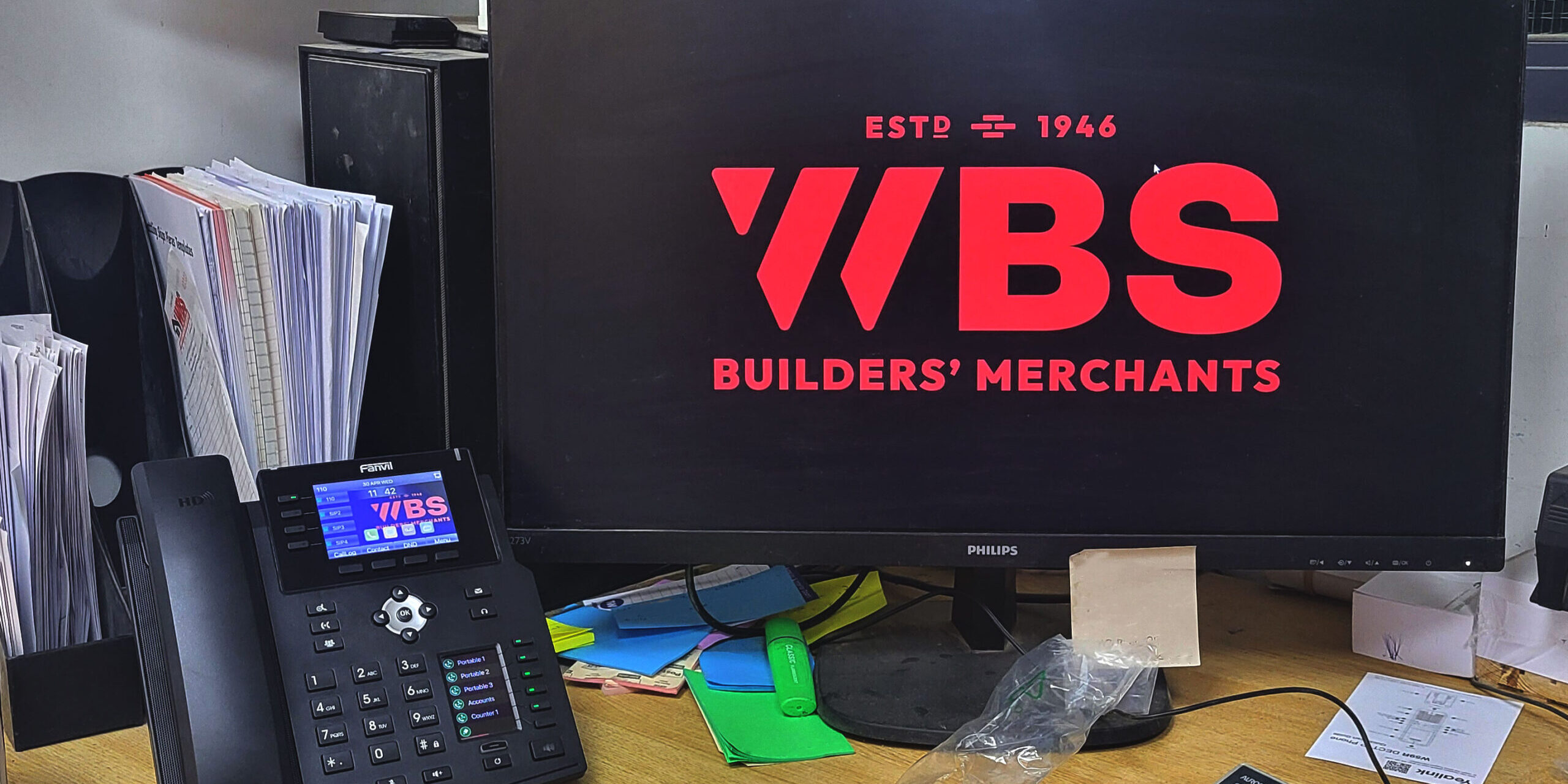 20250430_114212 An Office at Whitchurch Builder Supplies showing VOIP deskphones.